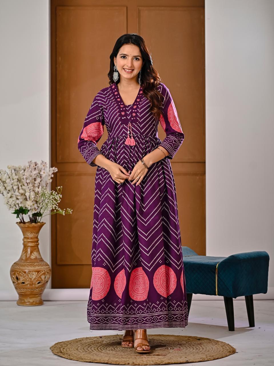Deep Purple Bandhani Chevron Anarkali Kurta with Pink Tassel Tie 
and Coral Hem Border — Full Silhouette — Jagranee Jaipur