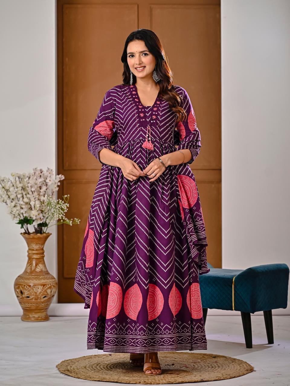 Purple Bandhani Fully Flared Anarkali Kurta Set with Coral Pink 
Circular Motifs — Elegant Festive Wear — Jagranee Jaipur