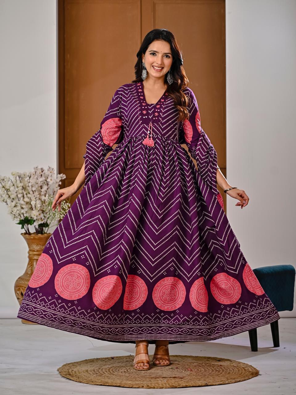 Purple Bandhani Chevron Anarkali Kurta in Full Twirl — Showing 
Complete Flare and Coral Pink Hem Motifs — Jagranee Jaipur