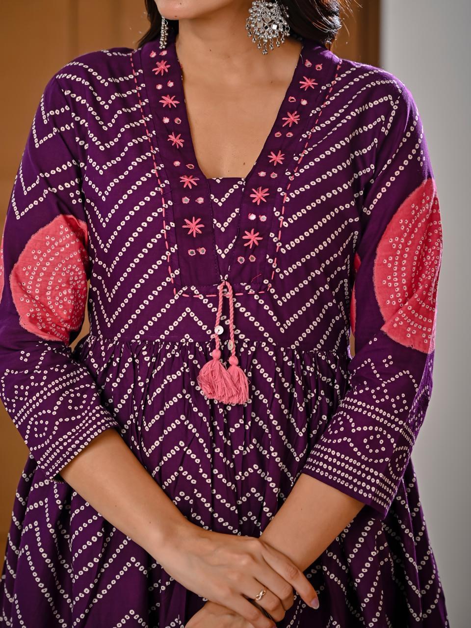 Close-Up of Pink Thread Embroidery, Mirror Work Neckline and Double 
Pink Tassel Tie on Purple Bandhani Anarkali — Jagranee Jaipur