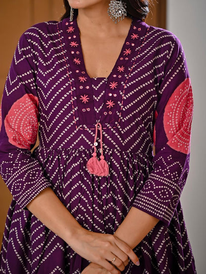 Close-Up of Pink Thread Embroidery, Mirror Work Neckline and Double 
Pink Tassel Tie on Purple Bandhani Anarkali — Jagranee Jaipur