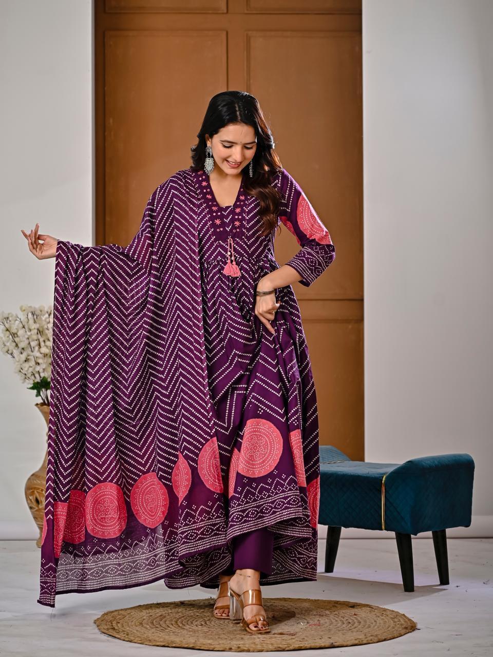 Purple Bandhani Anarkali Set with Flowing Chevron Dupatta and Coral 
Pink Circular Motifs — Festive Ethnic Wear — Jagranee Jaipur