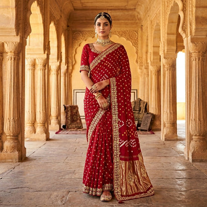 Royal Red Bandhani Gota Patti Modal Gaji Silk Saree with Gold Zari Pallu