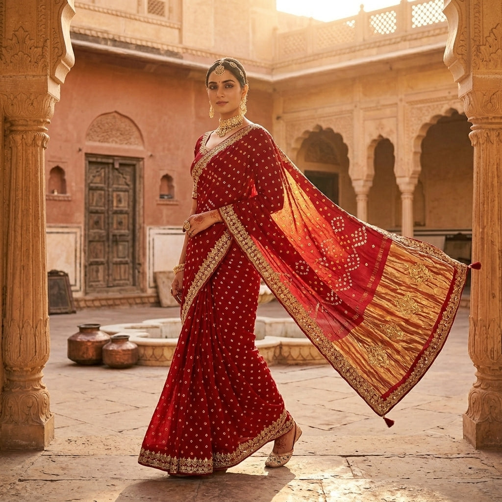 Royal Red Bandhani Gota Patti Modal Gaji Silk Saree with Gold Zari Pallu