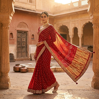 Royal Red Bandhani Gota Patti Modal Gaji Silk Saree with Gold Zari Pallu