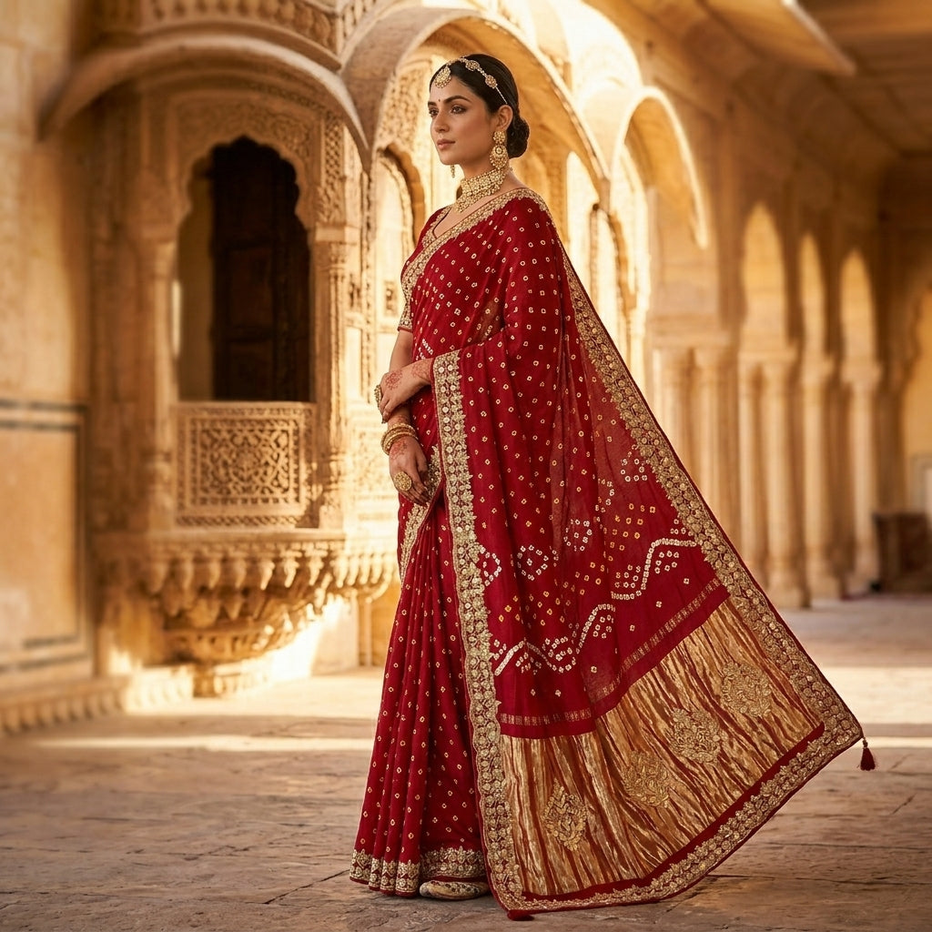 Royal Red Bandhani Gota Patti Modal Gaji Silk Saree with Gold Zari Pallu
