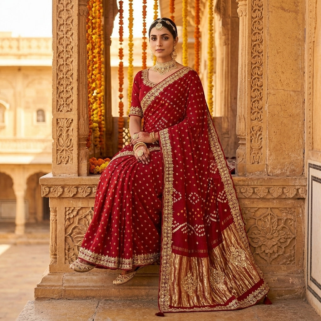 Royal Red Bandhani Gota Patti Modal Gaji Silk Saree with Gold Zari Pallu