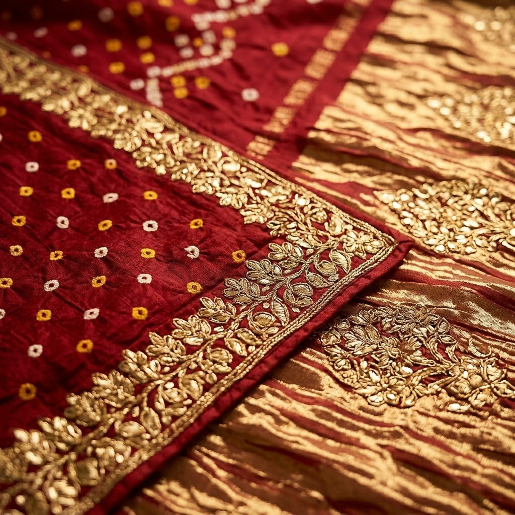 Royal Red Bandhani Gota Patti Modal Gaji Silk Saree with Gold Zari Pallu
