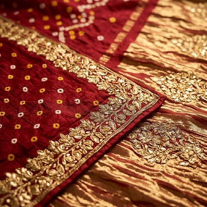 Royal Red Bandhani Gota Patti Modal Gaji Silk Saree with Gold Zari Pallu