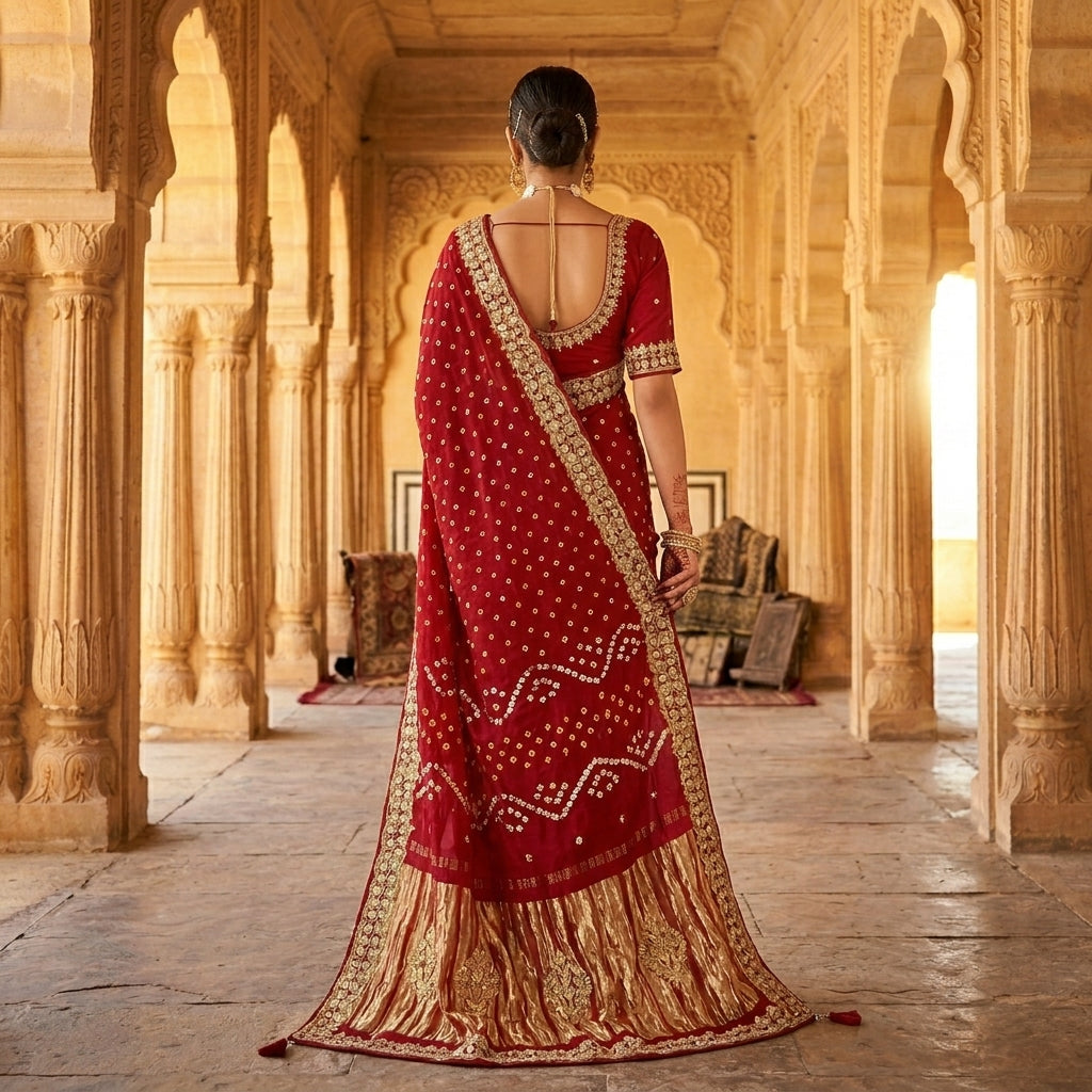 Royal Red Bandhani Gota Patti Modal Gaji Silk Saree with Gold Zari Pallu
