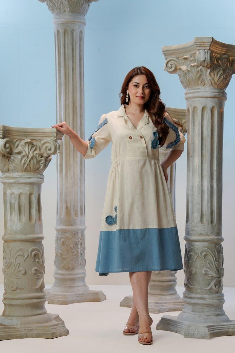 Ivory Blue Horizon Cotton Linen Midi Dress with Crochet Appliqué 
and Blue Colour Block Hem — Side Pose — Jagranee Jaipur