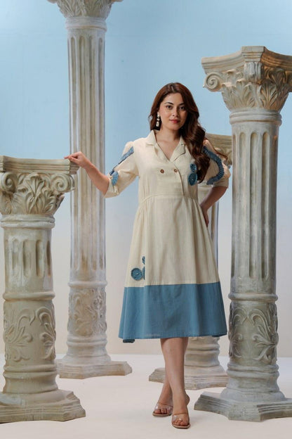 Ivory Blue Horizon Cotton Linen Midi Dress with Crochet Appliqué 
and Blue Colour Block Hem — Side Pose — Jagranee Jaipur