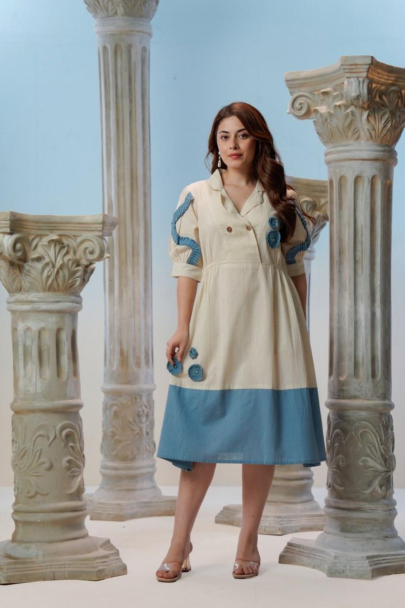 Ivory Cotton Linen Midi Dress with Blue Crochet Rosette Appliqué 
and Wooden Buttons — Full Front View — Jagranee Jaipur