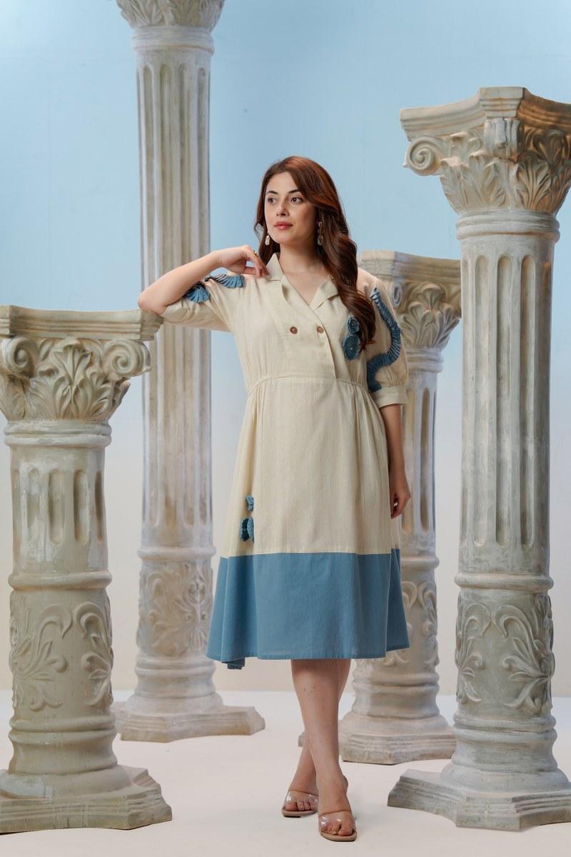Ivory Blue Colour Block Midi Dress with Crochet Details and Lapel 
Collar — Relaxed Full Length Pose — Jagranee Jaipur