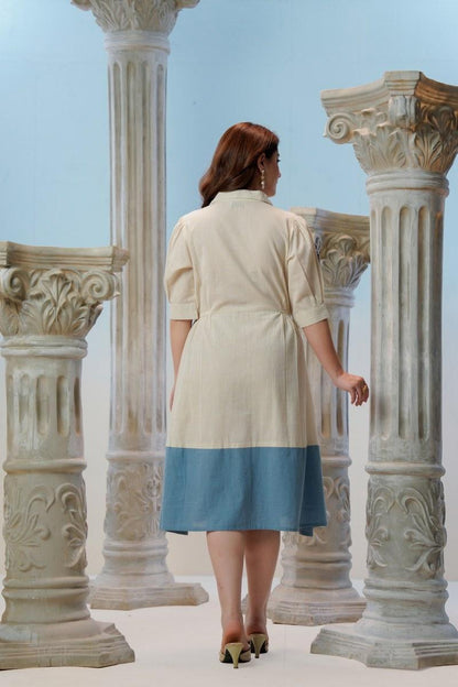 Back View of Ivory Cotton Linen Midi Dress with Blue Colour Block 
Hem and Pleated Sleeve Trim — Jagranee Jaipur