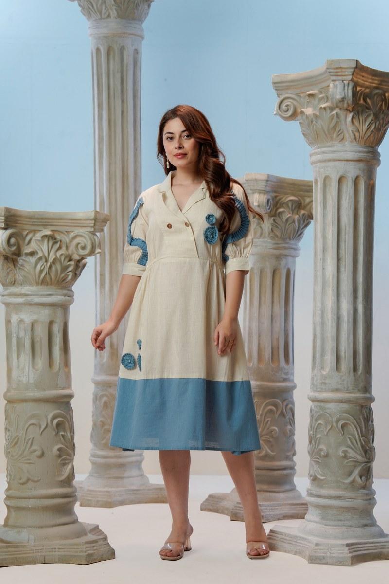 Ivory Blue Horizon Midi Dress — Full Length Front View Showing 
Empire Waist and A-Line Silhouette — Jagranee Jaipur