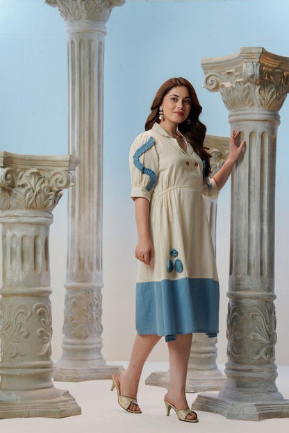 Side Profile of Ivory Blue Colour Block Cotton Linen Midi Dress 
with Pleated Sleeve Trim — Full Length View — Jagranee Jaipur