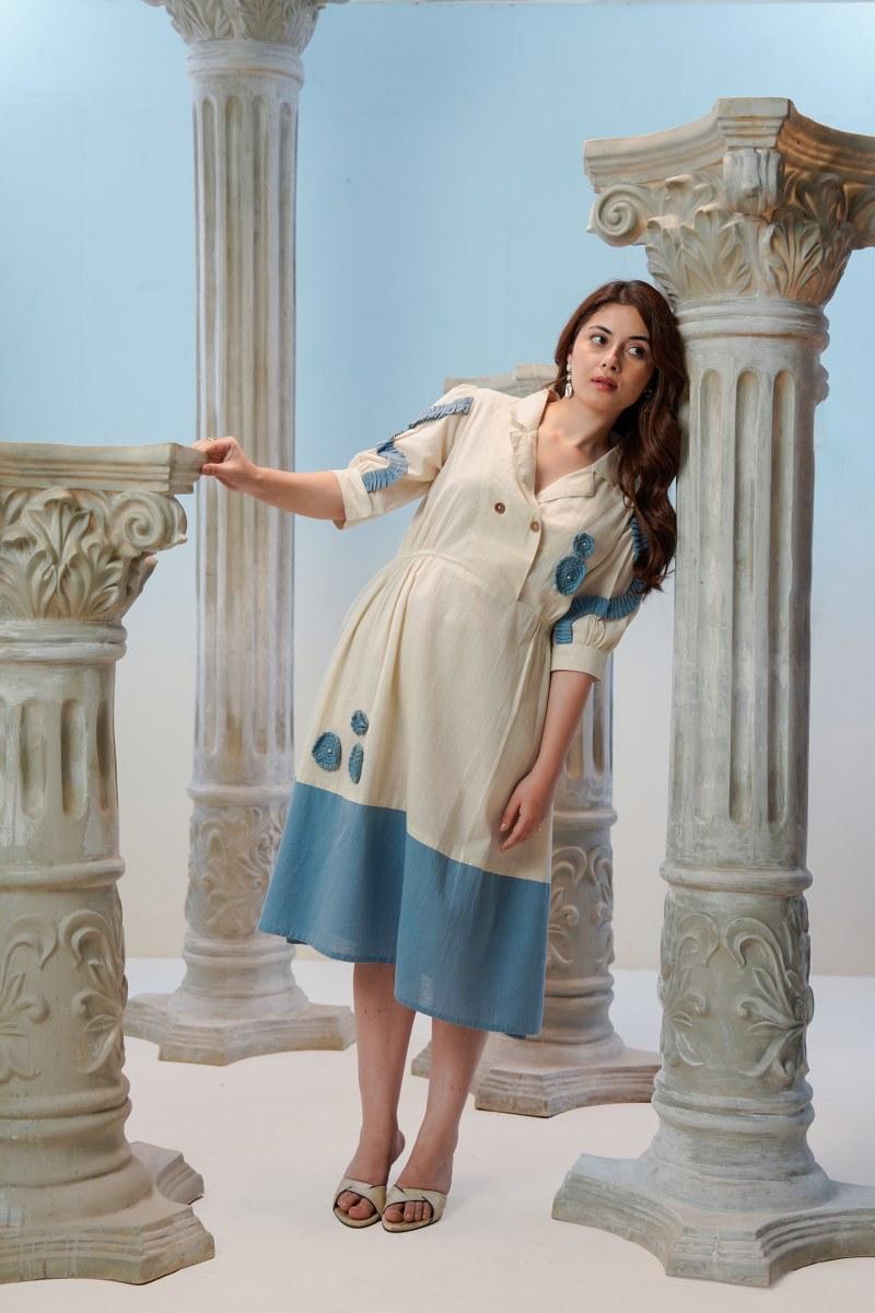 Ivory Blue Horizon Cotton Linen Midi Dress — Full Length Dramatic 
Leaning Pose Showing Complete Silhouette — Jagranee Jaipur