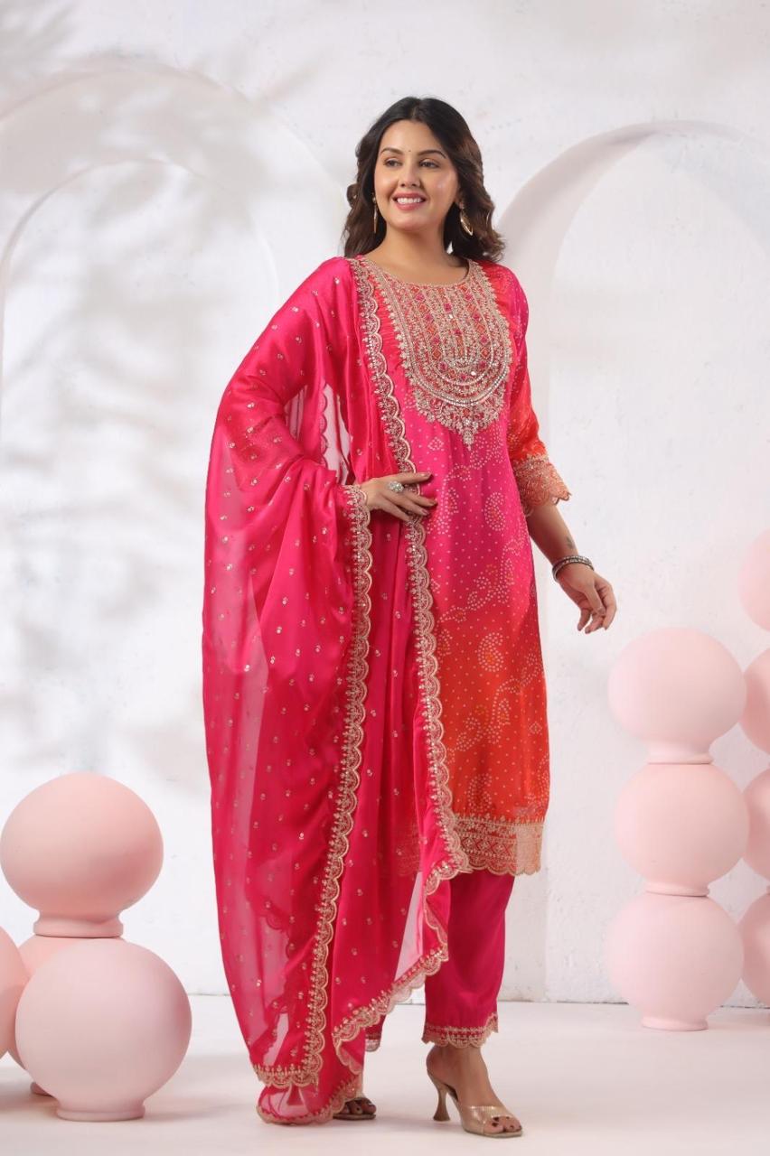 Pink Ombre Bandhani Chinon Silk Kurta Set with Zari Embroidery 
and Sequin Dupatta — Full Length Hero View — Jagranee Jaipur