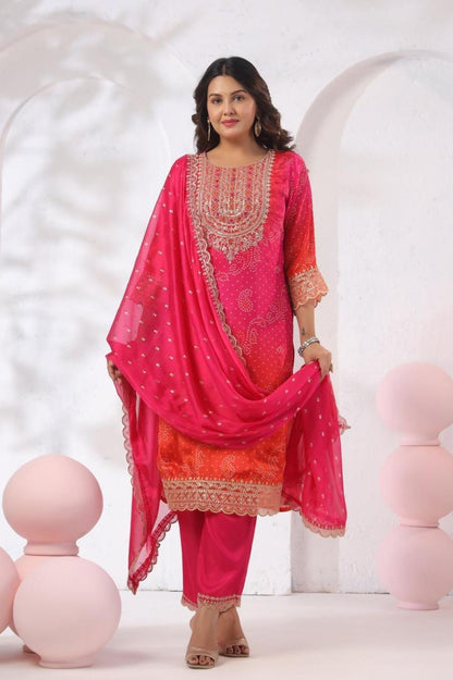 Rani Pink Ombre Bandhani Kurta Set with Scalloped Gold Zari 
Dupatta — Full Length Front Pose — Jagranee Jaipur