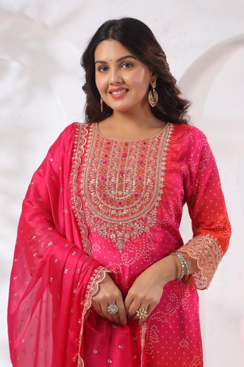 Close-Up of Heavy Zari Sequin Embroidery Yoke on Pink Ombre 
Bandhani Chinon Silk Kurta — Jagranee Jaipur