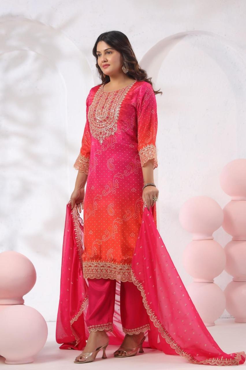 Pink Coral Ombre Bandhani Kurta with Scalloped Zari Hem and 
Flowing Chiffon Dupatta — Side View — Jagranee Jaipur