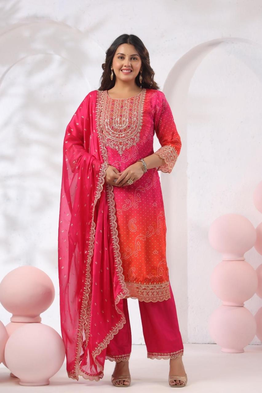 Pink Ombre Bandhani Chinon Silk Three Piece Kurta Set with 
Sequin Dupatta — Elegant Full Length View — Jagranee Jaipur