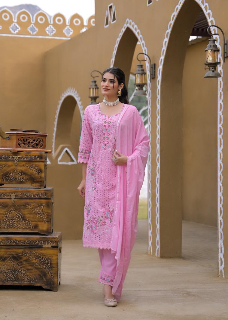 Blush Pink Plus Size Chikankari Mirror Work Muslin Kurta Set — 
XL to 4XL — Hero Walking Pose — Jagranee Jaipur