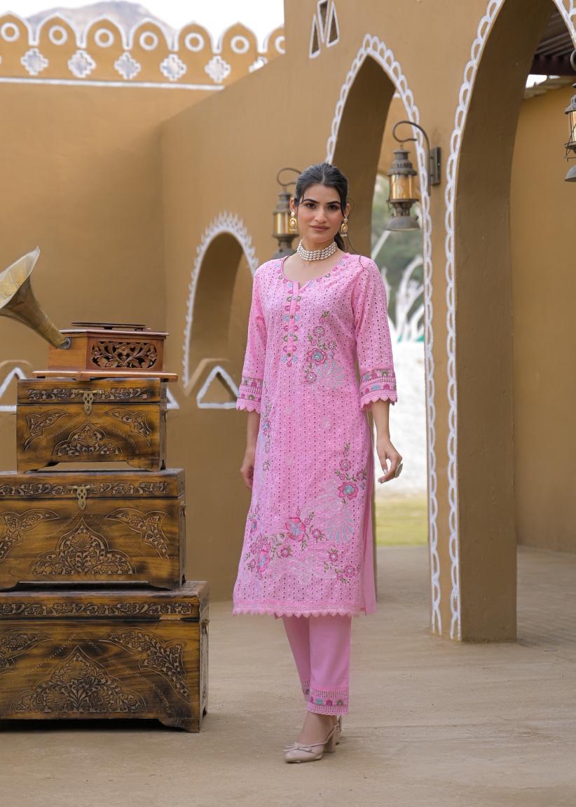 Plus Size Blush Pink Mirror Embroidered Muslin Kurta with Straight 
Pants — Available XL to 4XL — Jagranee Jaipur