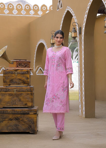 Plus Size Blush Pink Mirror Embroidered Muslin Kurta with Straight 
Pants — Available XL to 4XL — Jagranee Jaipur