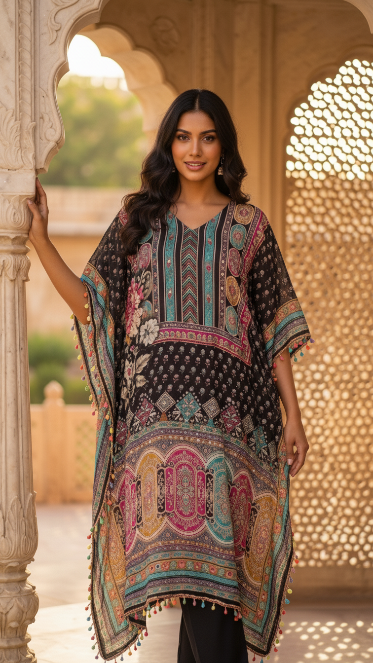 Black Mughal Garden Multicolour Printed Georgette Kaftan with 
Pom Pom Trim — Hero Front Pose — Jagranee Jaipur