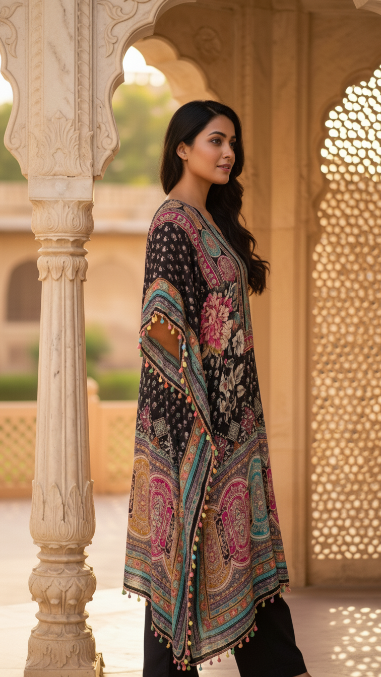 Black Multicolour Mughal Print Georgette Kaftan — Side Profile 
Showing Batwing Sleeve and Pom Pom Hem — Jagranee Jaipur