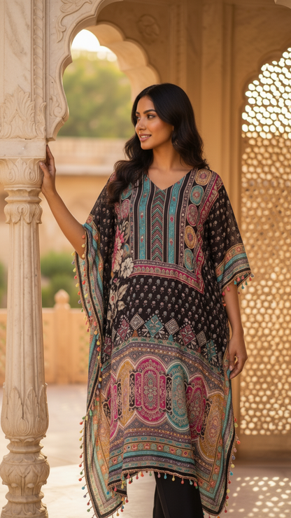 Black Mughal Print Georgette Kaftan with Teal Chevron Neckline 
and Multicolour Pom Pom Border — Jagranee Jaipur
