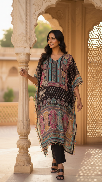 Black Mughal Garden Georgette Kaftan — Full Length View Over 
Black Pants with Pom Pom Trim Detail — Jagranee Jaipur