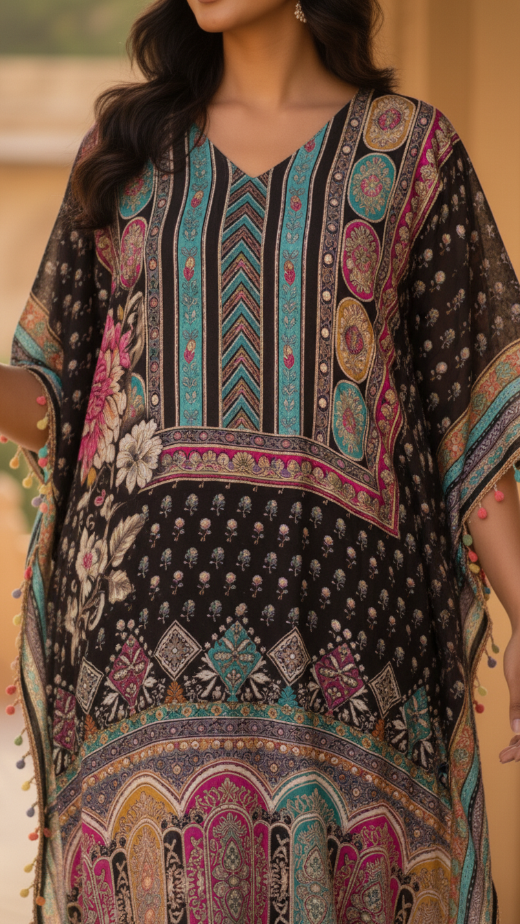 Close-Up of All-Over Mughal Garden Digital Print on Black Georgette 
Kaftan — Teal Floral Medallion and Pom Pom Edge — Jagranee Jaipur