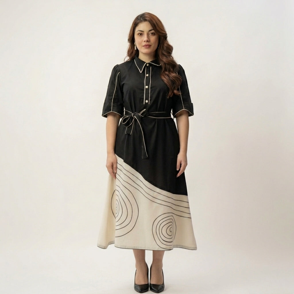 Black Ivory Spiral Colour Block Belted Cotton Blend Midi Dress 
with Contrast Piping — Full Length Front View — Jagranee Jaipur