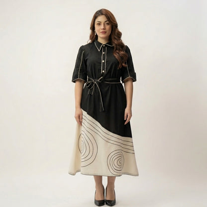 Black Ivory Spiral Colour Block Belted Cotton Blend Midi Dress 
with Contrast Piping — Full Length Front View — Jagranee Jaipur