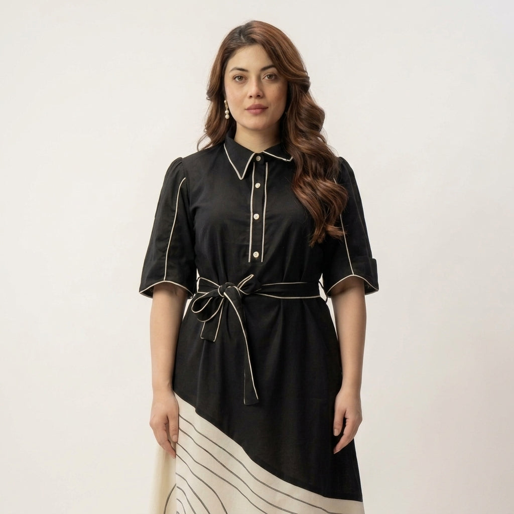 Close-Up of Black Cotton Midi Dress Showing Pointed Collar, 
Contrast Ivory Piping, Pearl Buttons and Tie Belt — Jagranee Jaipur