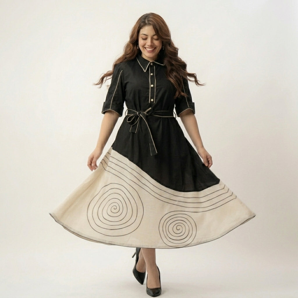 Black Ivory Spiral Midi Dress — Full Skirt Flare Showing 
Concentric Spiral Print on Ivory A-Line Panel — Jagranee Jaipur