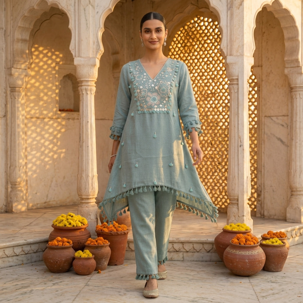 Teal Blooms Co-ord Set — Asymmetric High-Low Kurta with Tassel 
Hem and Matching Teal Pants — Walking Pose — Jagranee Jaipur