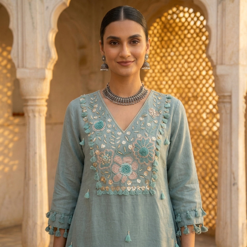 Close-Up of 3D Crochet Floral Rosettes, Gold Coin Gota and 
Sequin Embroidery on Teal Cotton Linen Kurta — Jagranee Jaipur