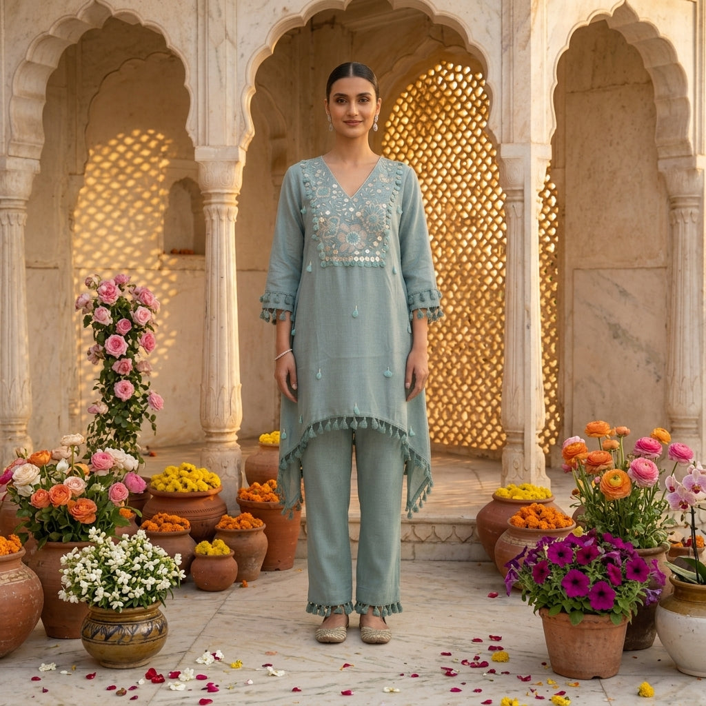 Teal Blooms 3D Floral Embroidered Cotton Linen Co-ord Set with 
Tassel Trim — Full Length Front View — Jagranee Jaipur