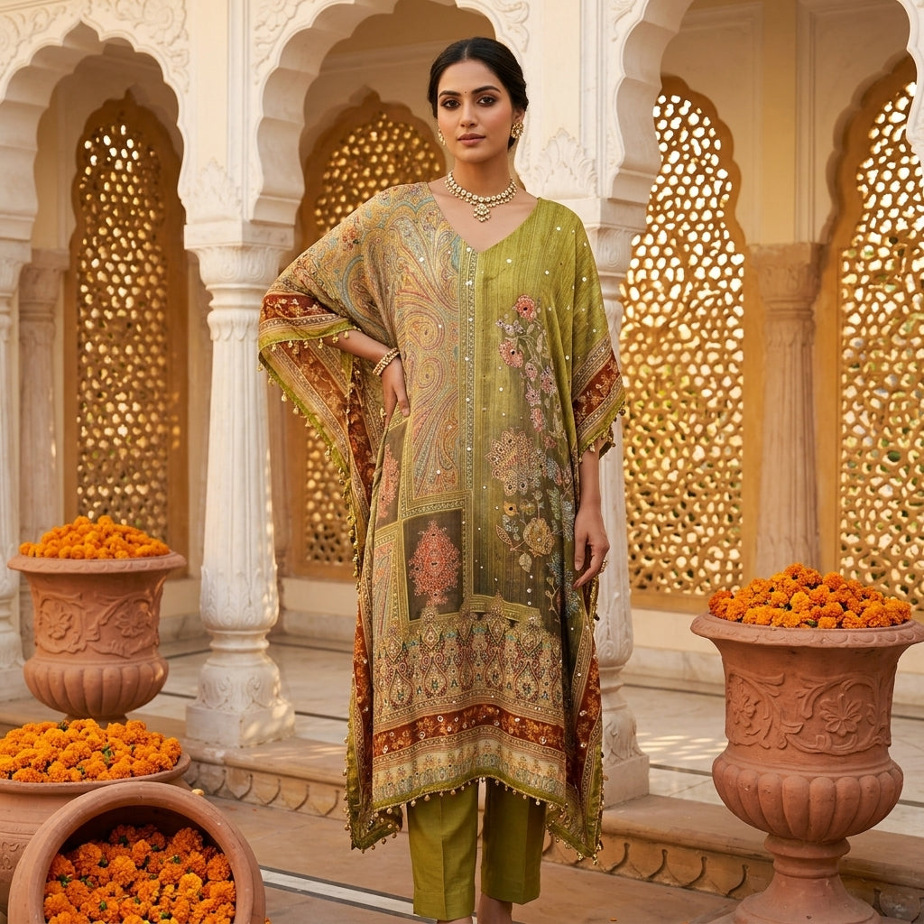 Olive Garden Paisley Georgette Kaftan Set with Mirror Work 
and Floral Embroidery — Full Length Hero View — Jagranee Jaipur