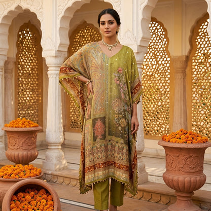 Olive Garden Paisley Georgette Kaftan Set with Mirror Work 
and Floral Embroidery — Full Length Hero View — Jagranee Jaipur