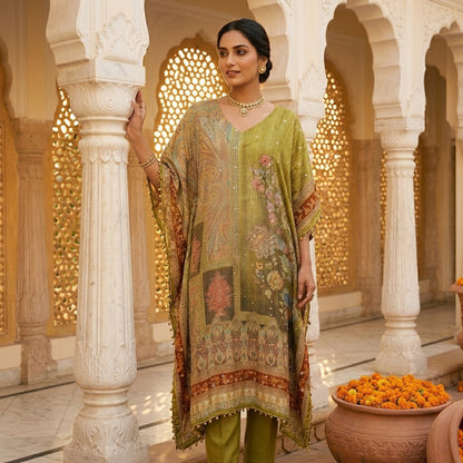 Olive Georgette Kashmir Paisley Kaftan with Gold Pom Pom 
Trim — Three Quarter Leaning Pose — Jagranee Jaipur
