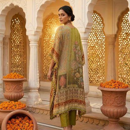 Back View of Olive Garden Kaftan Set Showing Full Paisley 
Print and Mirror Work Detail — Over Shoulder Pose — Jagranee Jaipur