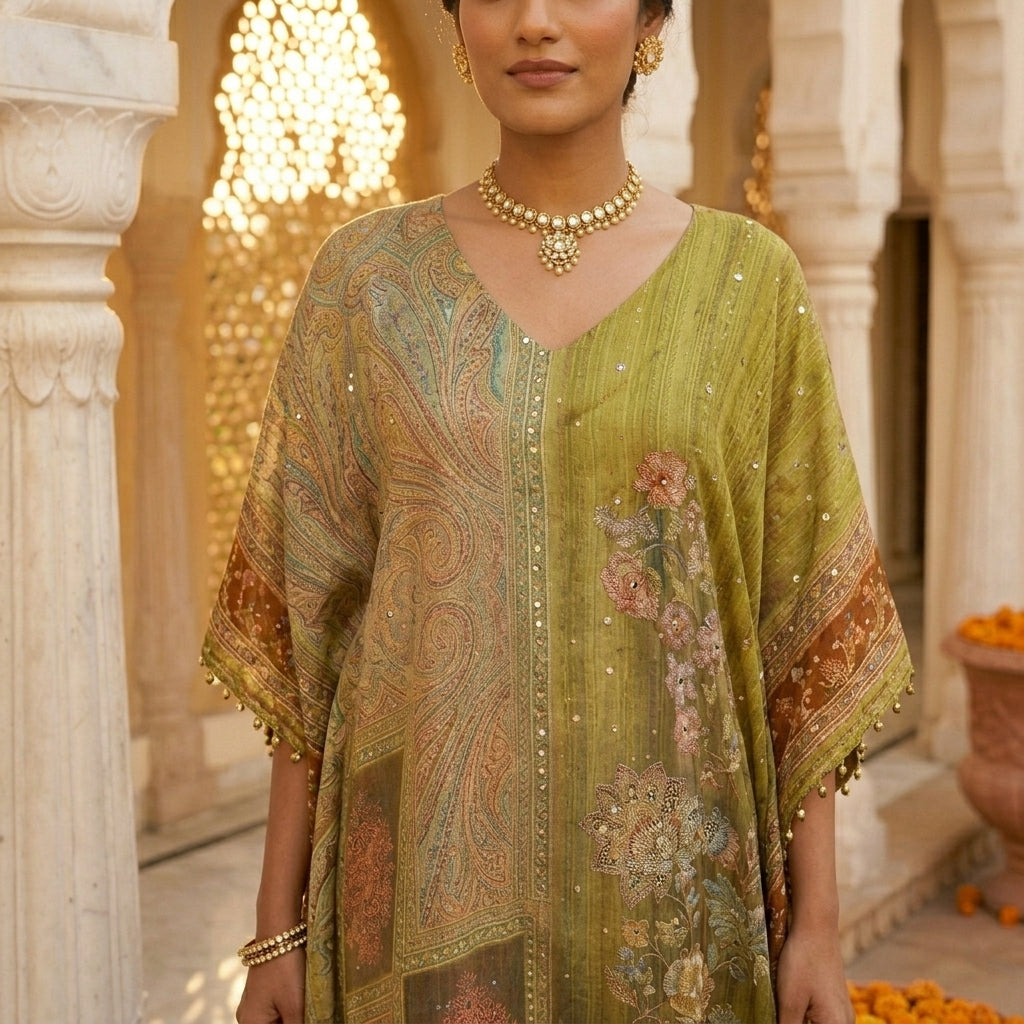 Close-Up of Hand Embroidered Floral Trail and Mirror Work 
on Olive Georgette Kaftan — V-Neckline Detail — Jagranee Jaipur