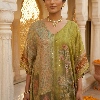 Close-Up of Hand Embroidered Floral Trail and Mirror Work 
on Olive Georgette Kaftan — V-Neckline Detail — Jagranee Jaipur