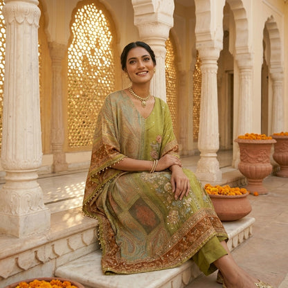 Olive Garden Kaftan Set — Graceful Sitting Pose on White 
Marble Haveli Steps with Marigold Urns — Jagranee Jaipur