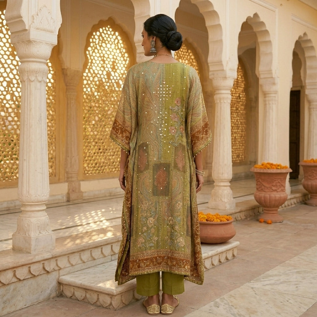 Full Length Back View of Olive Paisley Georgette Kaftan Set 
Showing Complete Embroidery and Matching Pants — Jagranee Jaipur